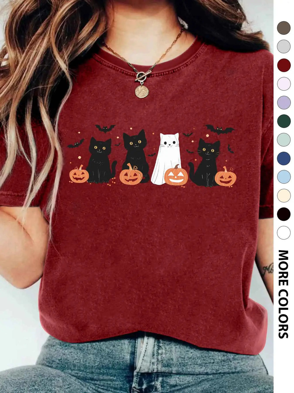 Women's Halloween Themed Cartoon Cat, Bat & Pumpkin Print Round Neck Tee, Cute Casual Fashion Fitted Drop Shoulder Short Sleeve T-shirt for Daily Wear, Ladies Clothes for All Seasons