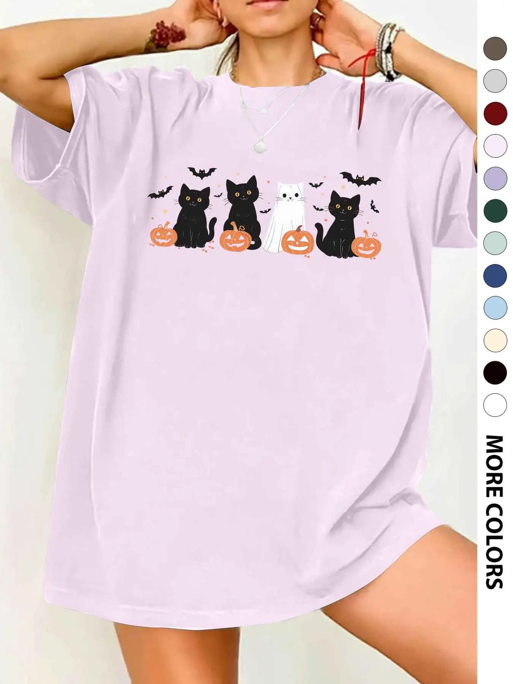 Women's Halloween Themed Cartoon Cat, Bat & Pumpkin Print Round Neck Tee, Cute Casual Fashion Fitted Drop Shoulder Short Sleeve T-shirt for Daily Wear, Ladies Clothes for All Seasons