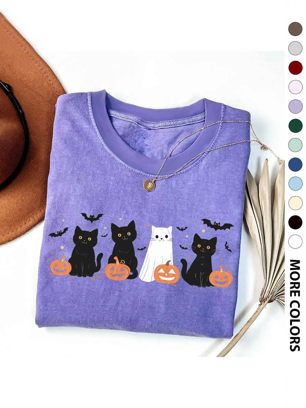Women's Halloween Themed Cartoon Cat, Bat & Pumpkin Print Round Neck Tee, Cute Casual Fashion Fitted Drop Shoulder Short Sleeve T-shirt for Daily Wear, Ladies Clothes for All Seasons