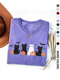 Women's Halloween Themed Cartoon Cat, Bat & Pumpkin Print Round Neck Tee, Cute Casual Fashion Fitted Drop Shoulder Short Sleeve T-shirt for Daily Wear, Ladies Clothes for All Seasons