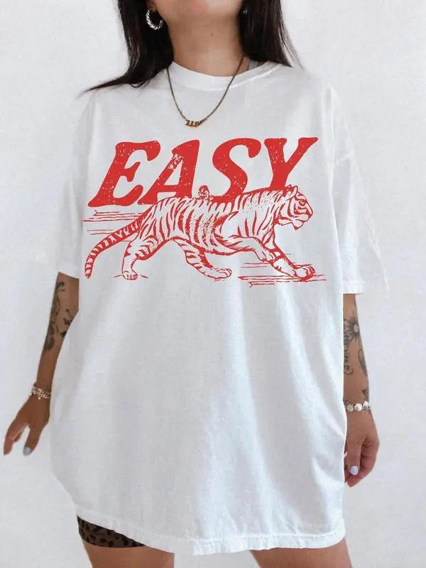Comfort Colors Easy Tiger T-shirt - Casual Crew Neck, 4th of July Shirt, Long Sleeve, Graphic Design, Available in Multiple Colors, Suitable for Men & Women - Top
