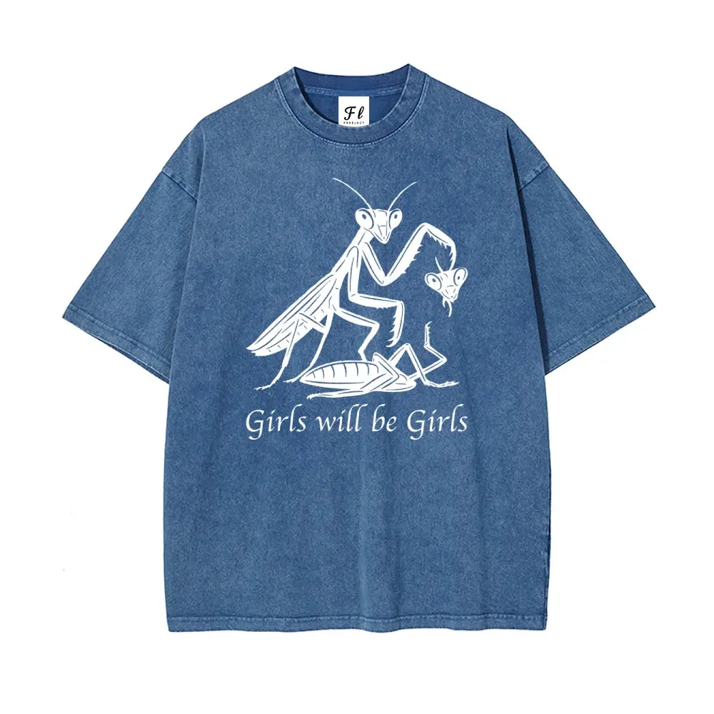 Mens Oversized Casual Graphic Tee - Unisex Vintage Washed 100% Soft Cotton Baggy Loose Top, Round Neck, Short Sleeve, "Girls Will Be Girls" Print, Mensfashion Retro Streetwear T-Shirt