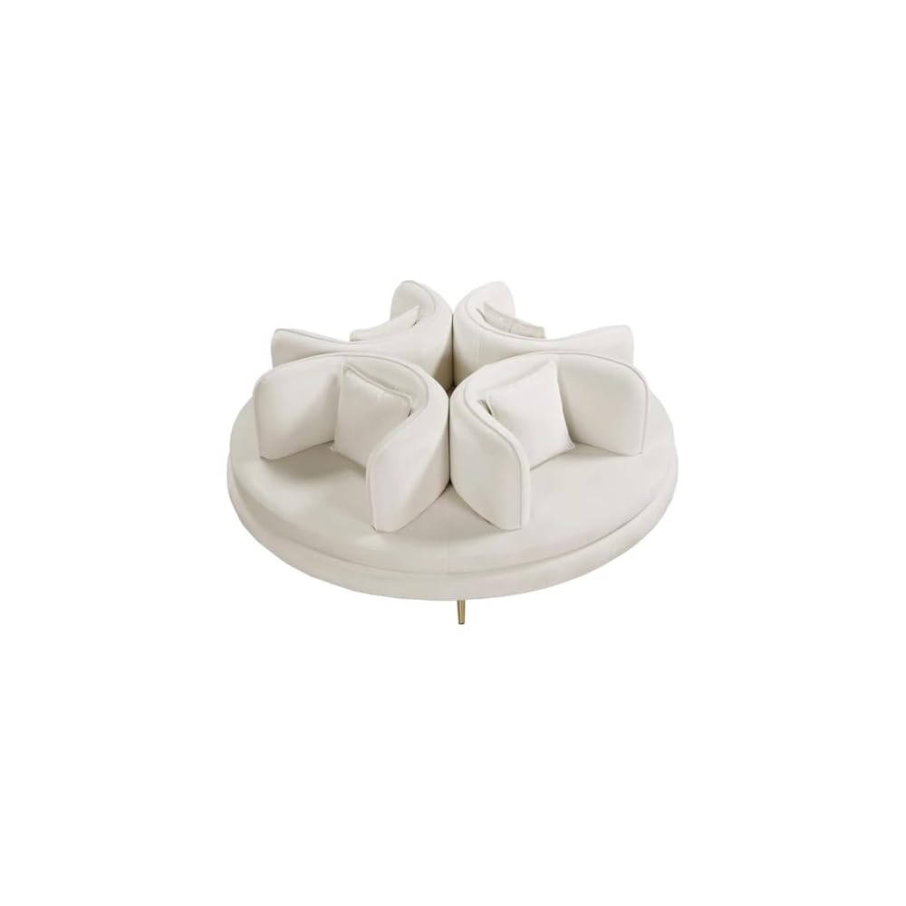 Pemberly Row Contemporary Velvet Roundabout Sofa, Cream Upholstery, Gold Iron Legs, 72" W x 72" D x 29" H, 4 Back Cushions, Matching Pillows, Elegant Living Room Seating