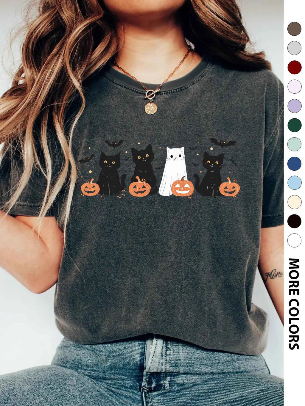 Women's Halloween Themed Cartoon Cat, Bat & Pumpkin Print Round Neck Tee, Cute Casual Fashion Fitted Drop Shoulder Short Sleeve T-shirt for Daily Wear, Ladies Clothes for All Seasons