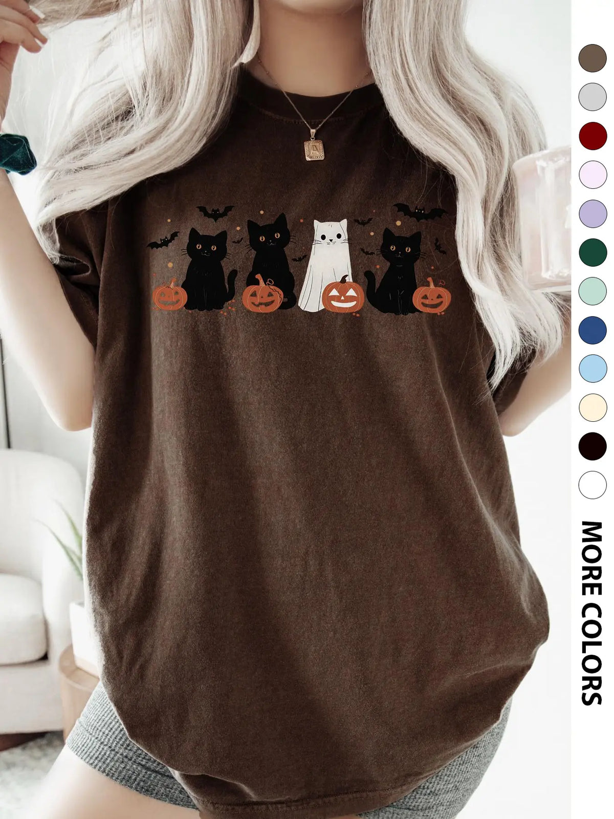 Women's Halloween Themed Cartoon Cat, Bat & Pumpkin Print Round Neck Tee, Cute Casual Fashion Fitted Drop Shoulder Short Sleeve T-shirt for Daily Wear, Ladies Clothes for All Seasons