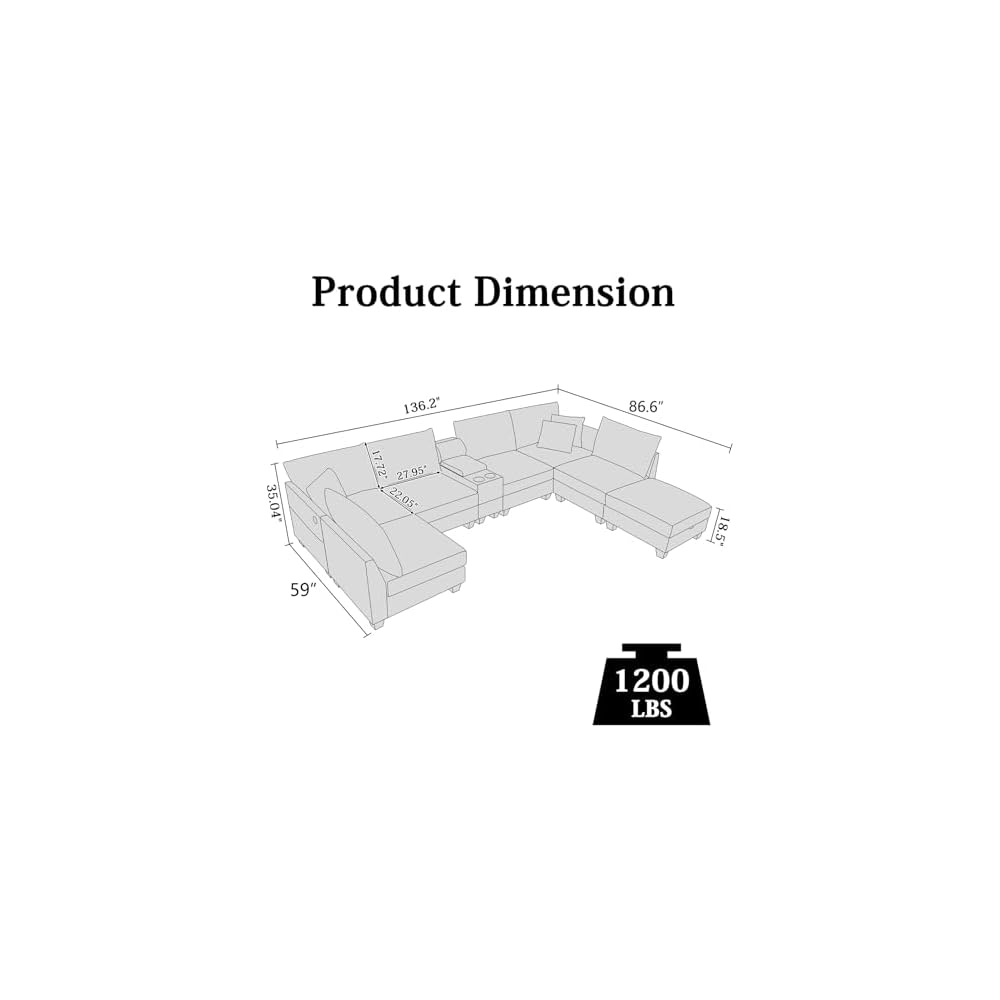 124" U Shaped 7 Seater Sectional Couch with Cup Holders