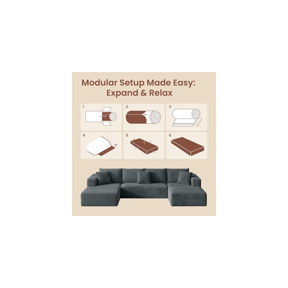 135" Oversized Boneless Couch, All Foam Modular Sectional Couch