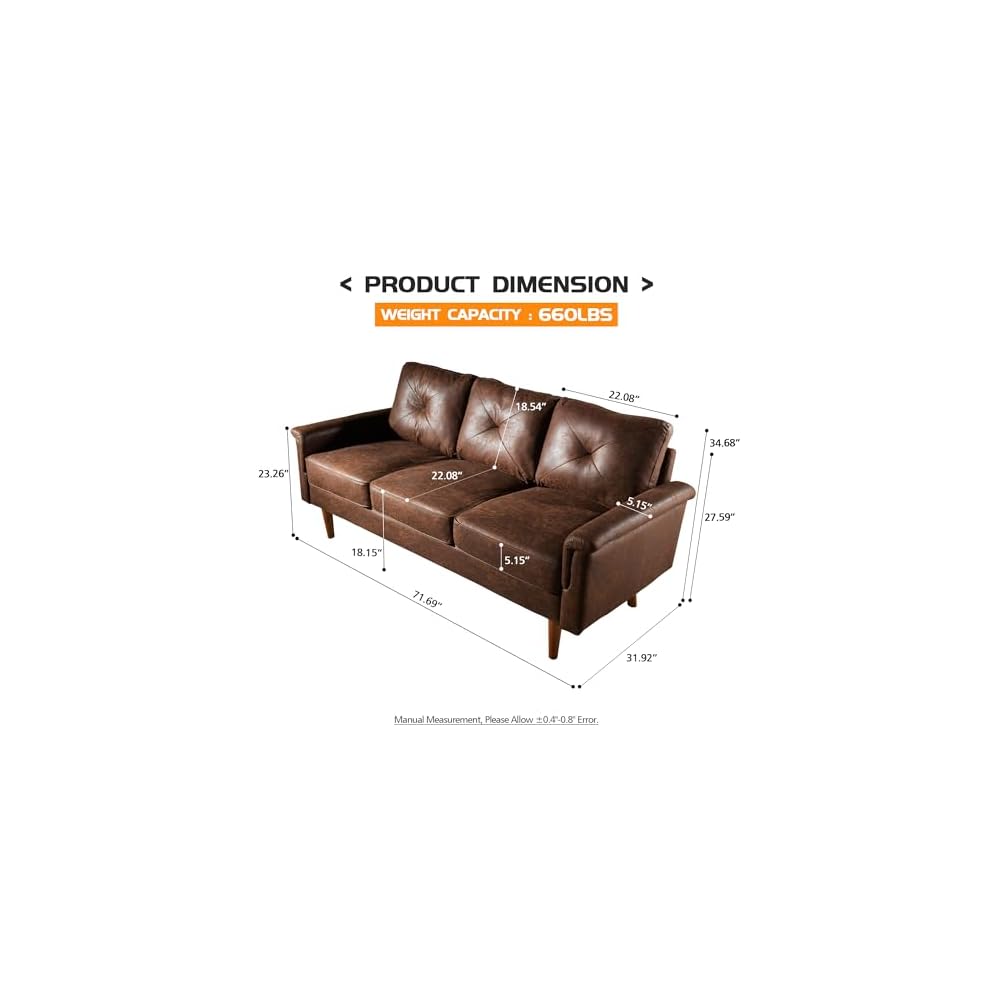 HOOOWOOO 72" Faux Leather Couch Small Sofa Living Room Couch 3 Seater Sofa Modern with Button Tufted Back Cushioned Square Arm for Small Bedroom Apartment,Dark Brown
