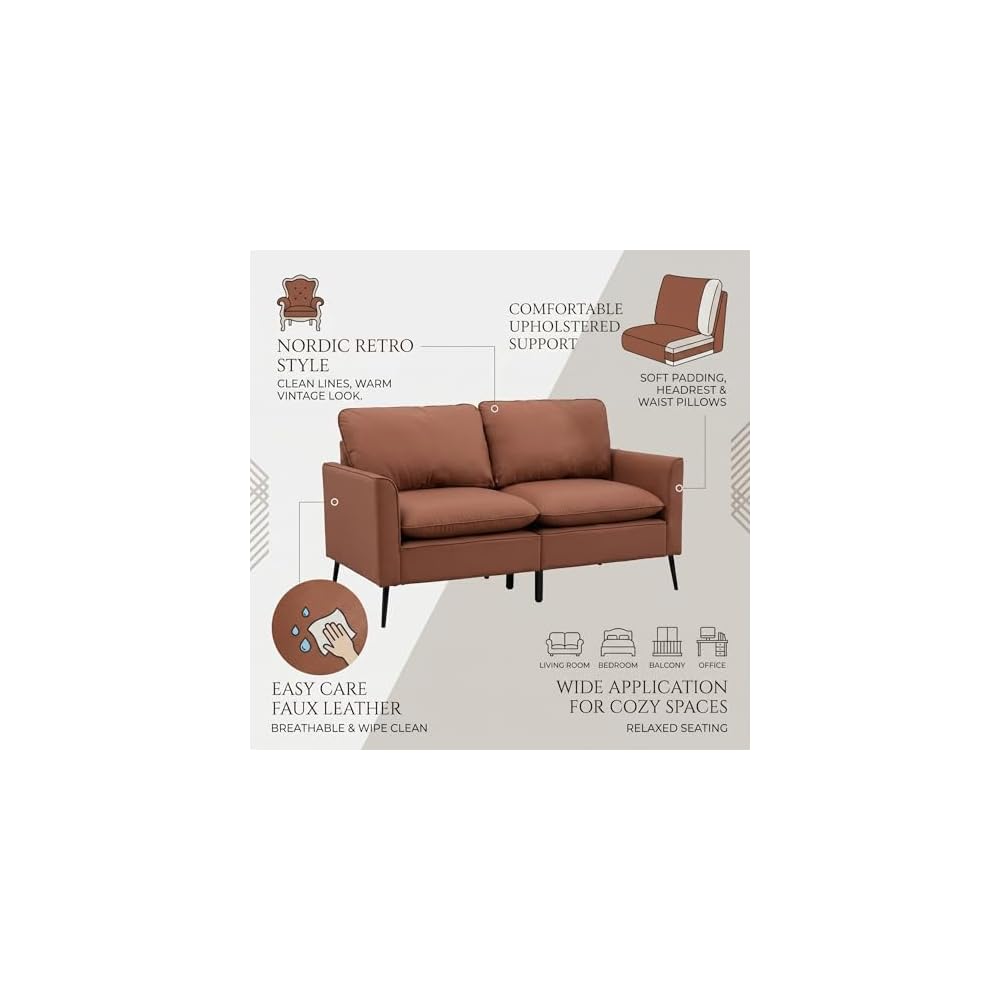 Brown Loveseat Sofa, 55.91" 2 Seater Couch, Faux Leather Love Seat for Living Room, Loveseat Sofa Couch for Small Spaces, Love Seat Couch Metal Frame for Bedroom Office Apartment