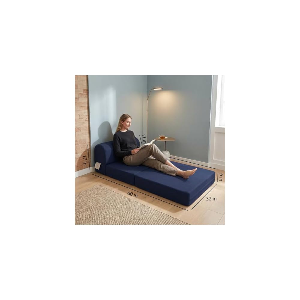 D&D Futon Furniture Sleeper Chair Folding Foam Bed, Portable Studio Guest Sofa Beds 6 x 32 x 70 Navy Blue