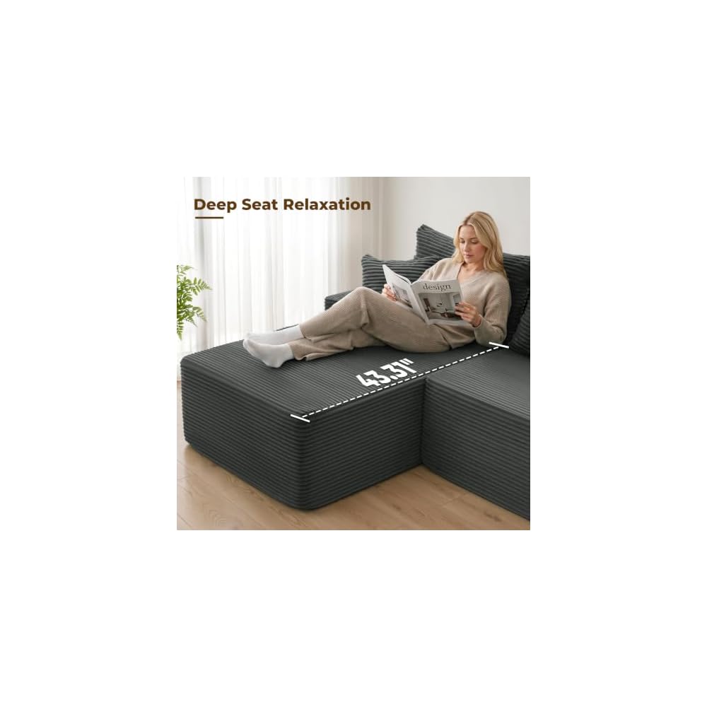 Mangodan 118'' Boneless Couch, U Shaped Couches for Living Room, Gray