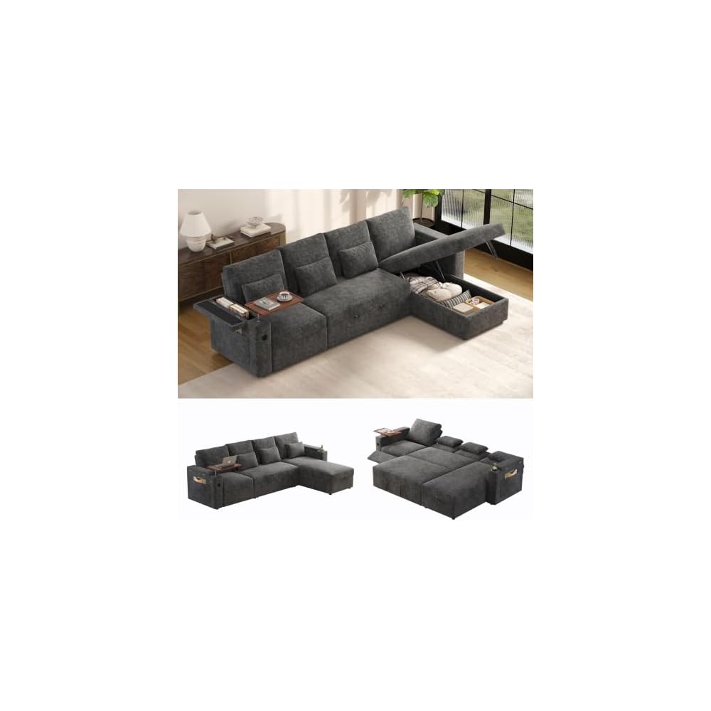 107.8'' Sleeper Sofa Bed, Chenille Gray Pull Out Couch with Storage Chaise
