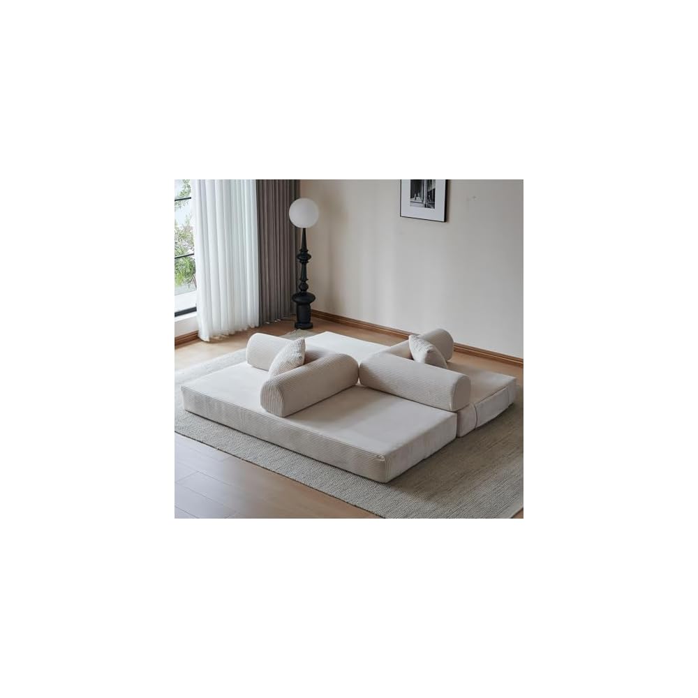 78.7" Convertible Sofa Bed, Boneless Couch Folding Sleeper Sofa with 2 Pillows, Foldable Floor Lounger with Pockets, Corduroy Pull Out Couch Bed for Living Room, Bedroom, Reading Room, Office, White
