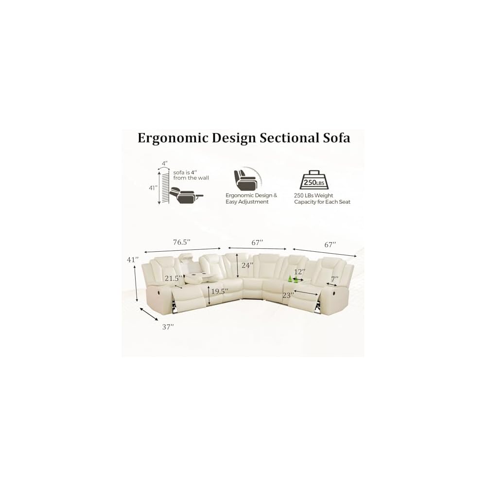 Power Recliner Sectional Sofa with LED Light, Breathing Leather Recliner Sofa Couch with Storage/Cup Holder for Living Room Home Office Theater (Cream White)