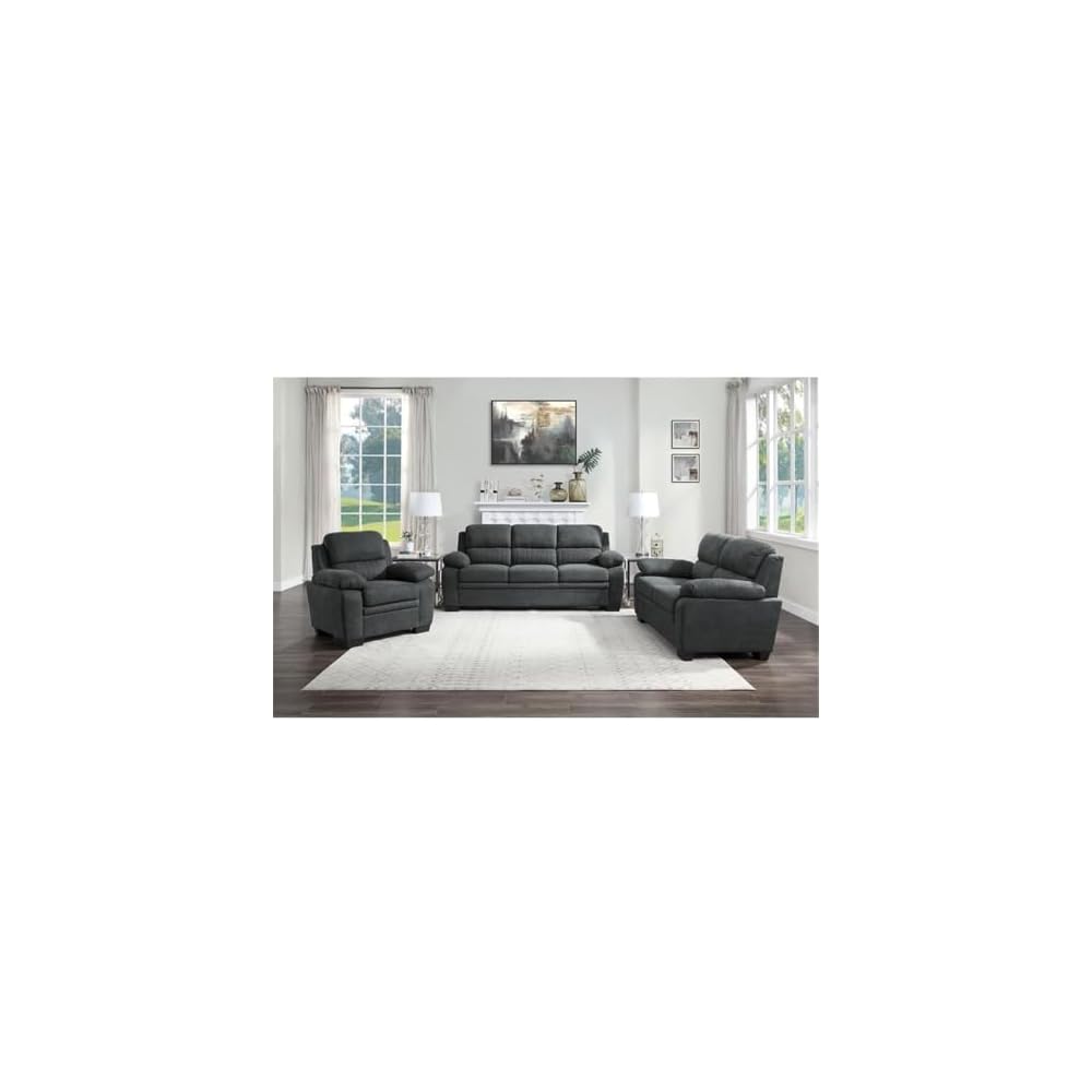 Pemberly Row Plush Channel Tufted Sofa with Pillow Top Arms, Textured Fabric Upholstered 3 Seater Couch for Living Room Home Office, Dark Gray