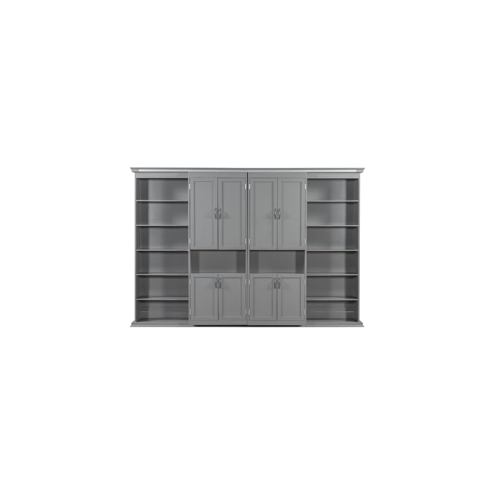 VilroCaz Modern Full Murphy Bed with Dual Sliding Doors Storage Cabinets, Wood Hidden Wall Bed with Dual 6-Tier Side Shelves, Large-Capacity& Space-Saving (Gray-12.9)