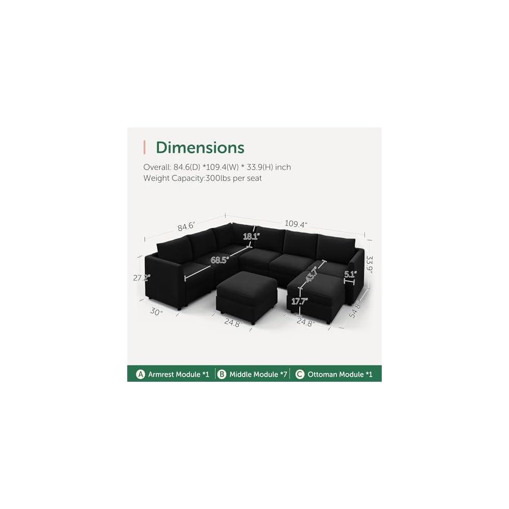HONBAY Velvet Oversized Modular Sectional Sofa with Storage,Black