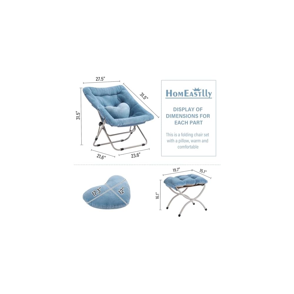 Saucer Chair with Ottoman, Folding Faux Fur Moon Chair, Blue