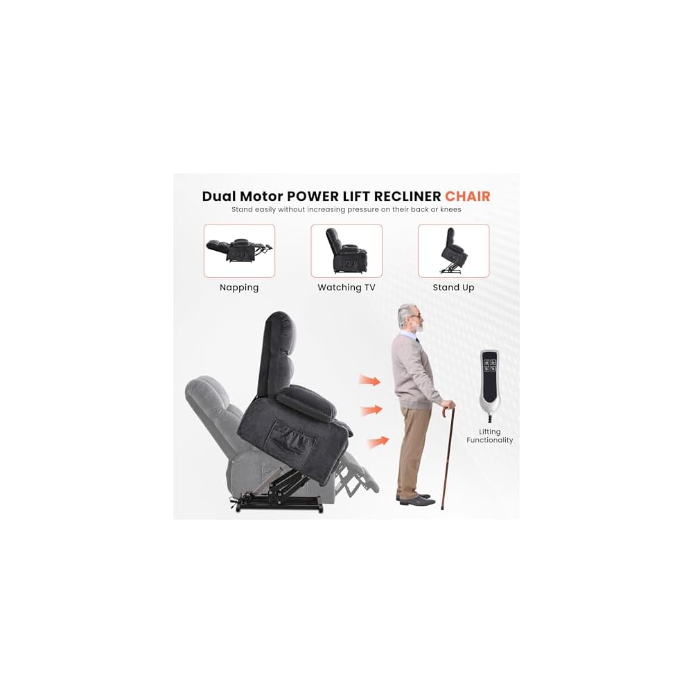 Dual Motor Power Lift Recliner Chair for Elderly, Lay Flat Big Lift Chair with Waist Kneading Massage & Heat, Extended Footrest, Cup Holders, USB Ports, Soft Fabric Recliner for Tall Seniors (Gray)
