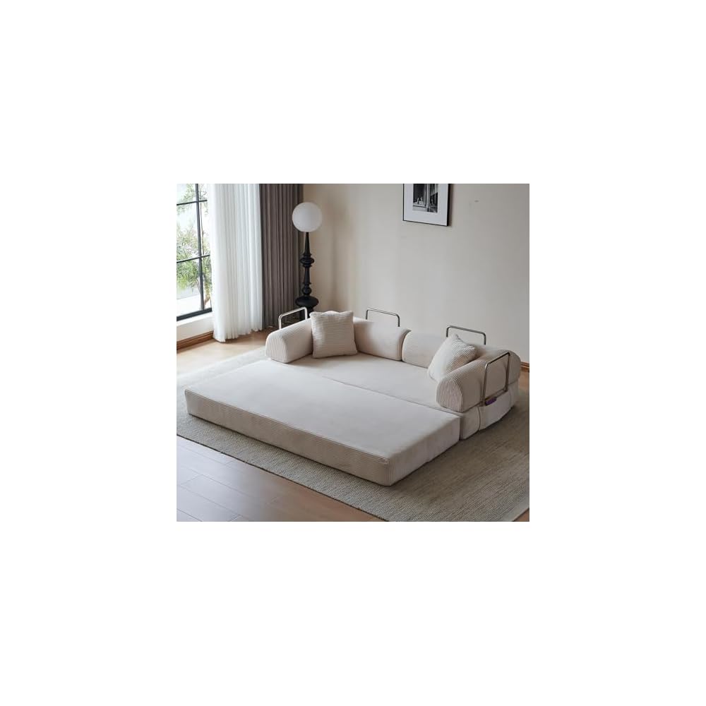 78.7" Convertible Sofa Bed, Boneless Couch Folding Sleeper Sofa with 2 Pillows, Foldable Floor Lounger with Pockets, Corduroy Pull Out Couch Bed for Living Room, Bedroom, Reading Room, Office, White