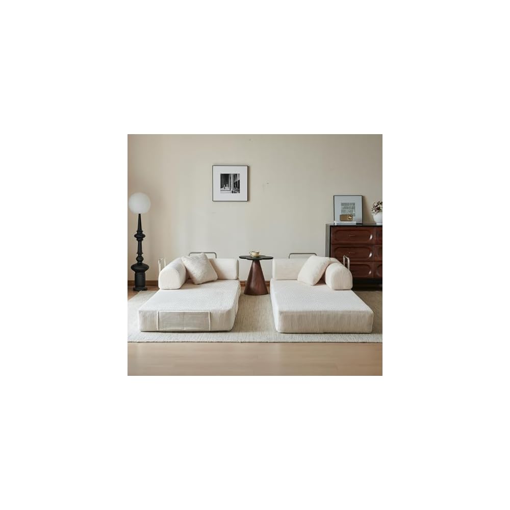 78.7" Convertible Sofa Bed, Boneless Couch Folding Sleeper Sofa with 2 Pillows, Foldable Floor Lounger with Pockets, Corduroy Pull Out Couch Bed for Living Room, Bedroom, Reading Room, Office, White