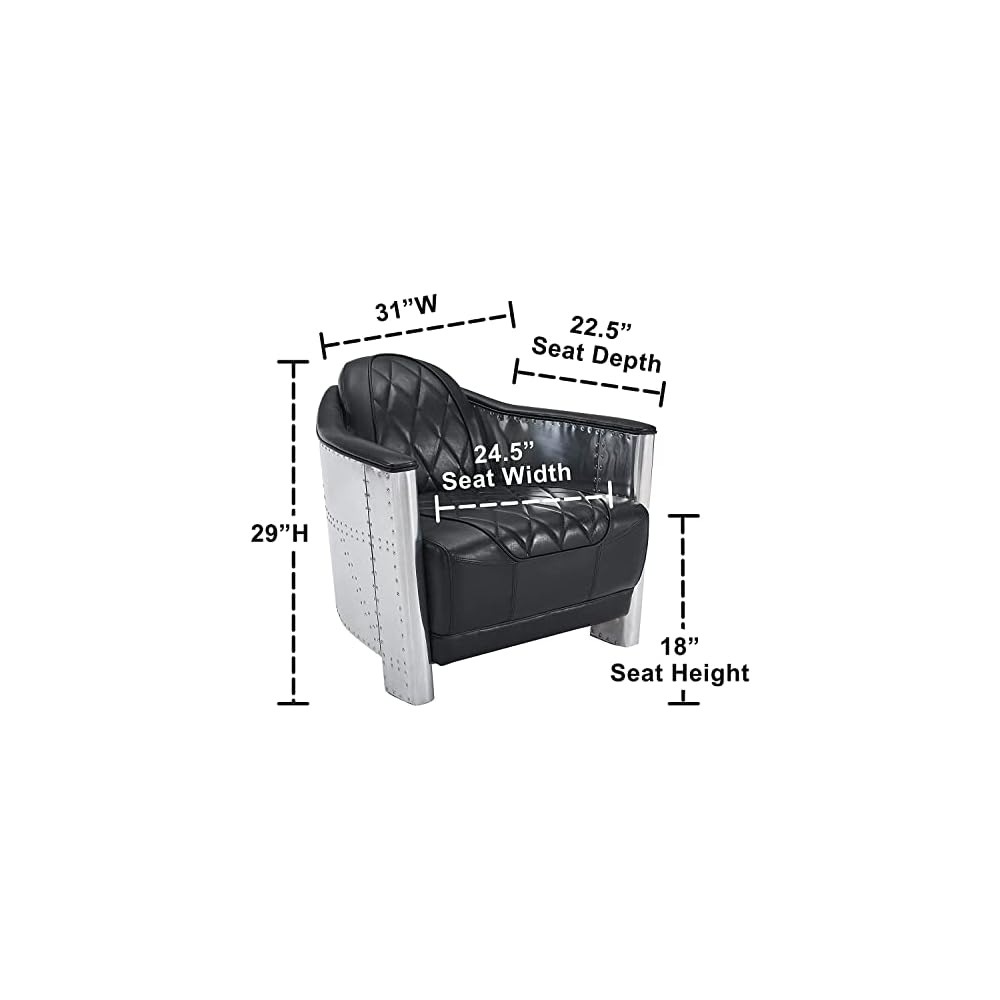 ARTIZANSTORE Genuine Leather Chair, Century Modern Vintage Genuine Leather Accent Arm Chair with Vintage Aluminum Spitfire Chair (Black)