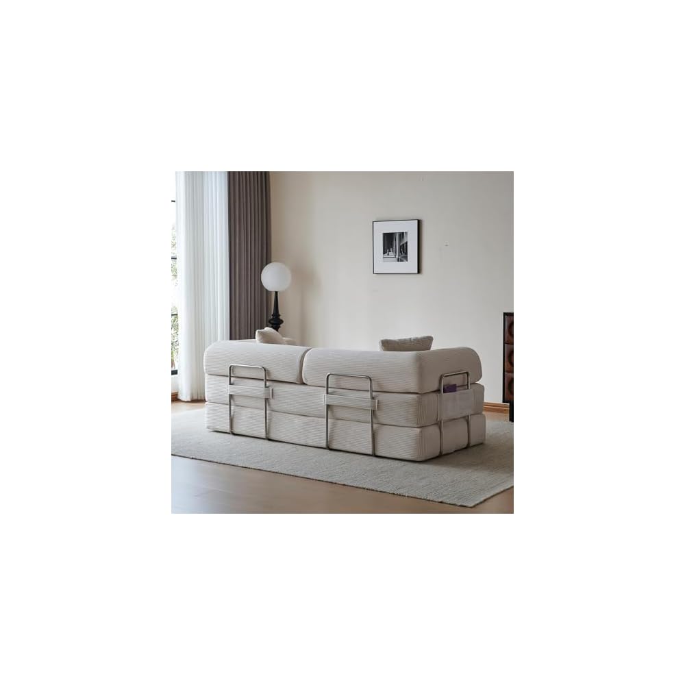 78.7" Convertible Sofa Bed, Boneless Couch Folding Sleeper Sofa with 2 Pillows, Foldable Floor Lounger with Pockets, Corduroy Pull Out Couch Bed for Living Room, Bedroom, Reading Room, Office, White