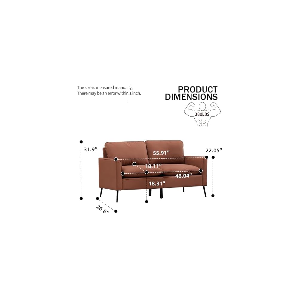Brown Loveseat Sofa, 55.91" 2 Seater Couch, Faux Leather Love Seat for Living Room, Loveseat Sofa Couch for Small Spaces, Love Seat Couch Metal Frame for Bedroom Office Apartment