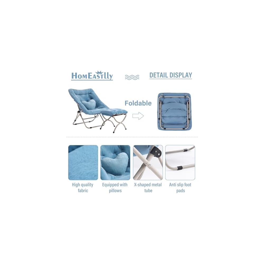 Saucer Chair with Ottoman, Folding Faux Fur Moon Chair, Blue