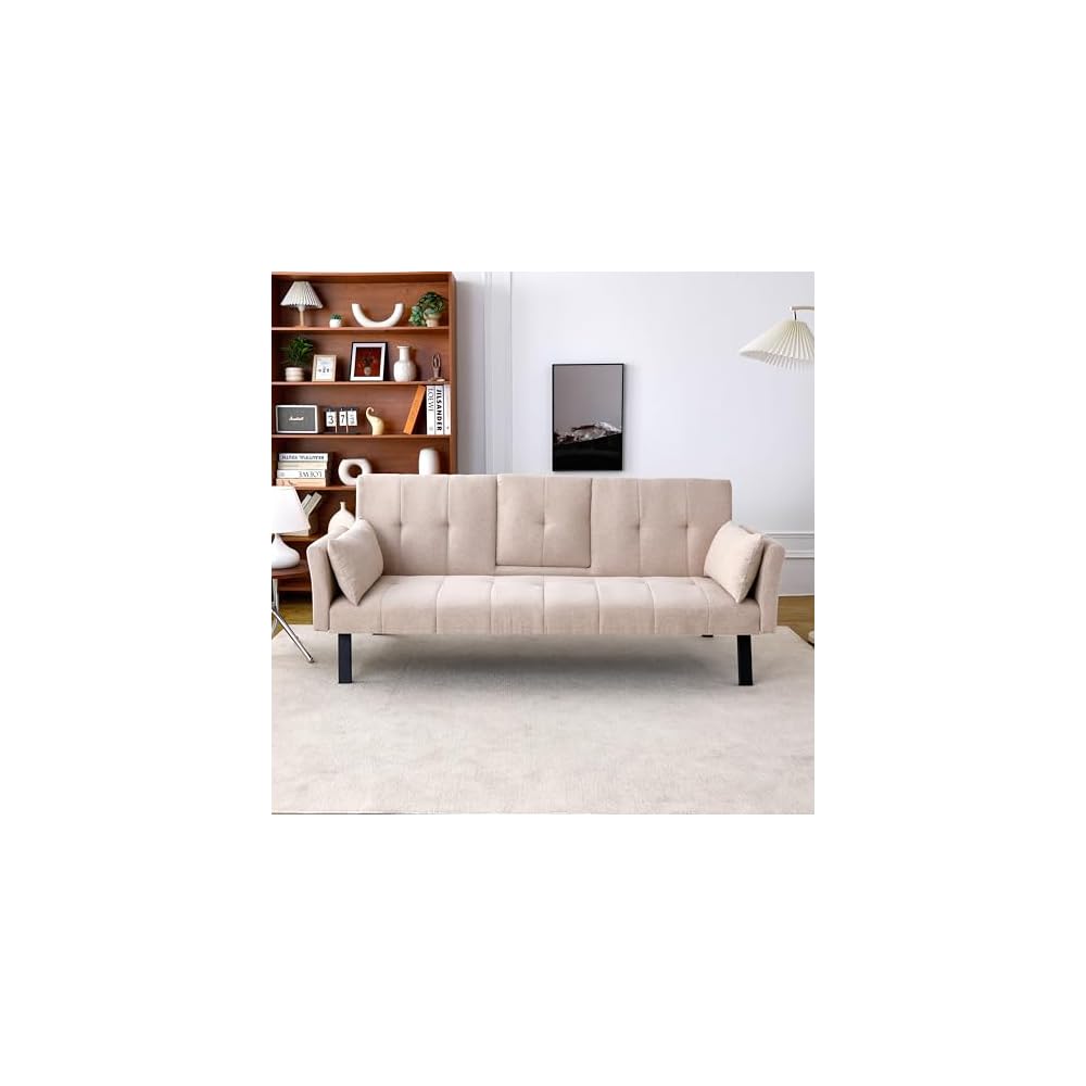 KEIKI 70" Loveseat Sofa Bed with Cup Holders & Side Pockets, Tufted Backrest, 3 in 1 Cotton & Linen Convertible Sleeper for Small Spaces, Beige