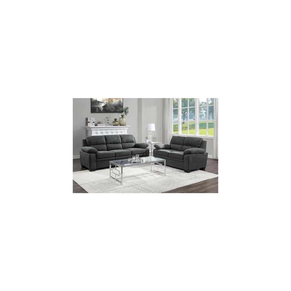 Pemberly Row Plush Channel Tufted Sofa with Pillow Top Arms, Textured Fabric Upholstered 3 Seater Couch for Living Room Home Office, Dark Gray