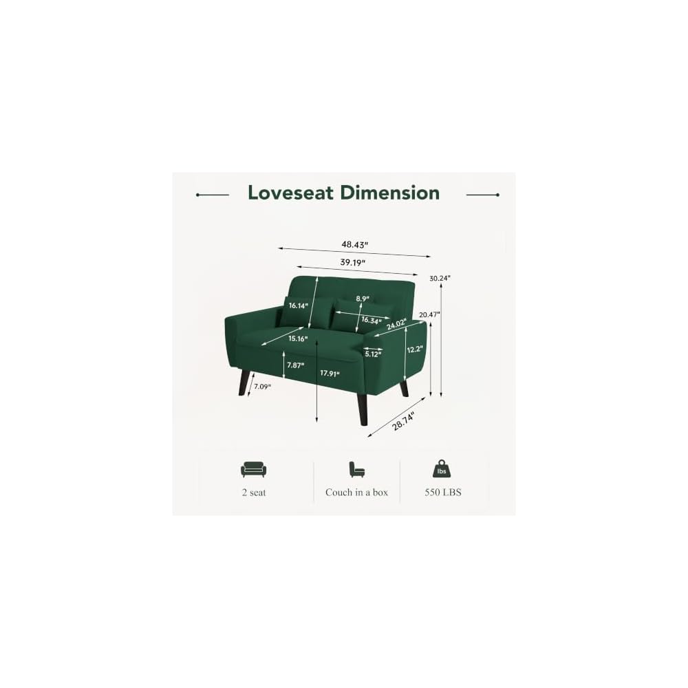 48.8" Small Loveseat Sofa, Mid Century Modern Love Seat Couch with Back Cushions and Plastic Legs, 2 Seater Couches for Living Room, Bedroom, Small Spaces, Green