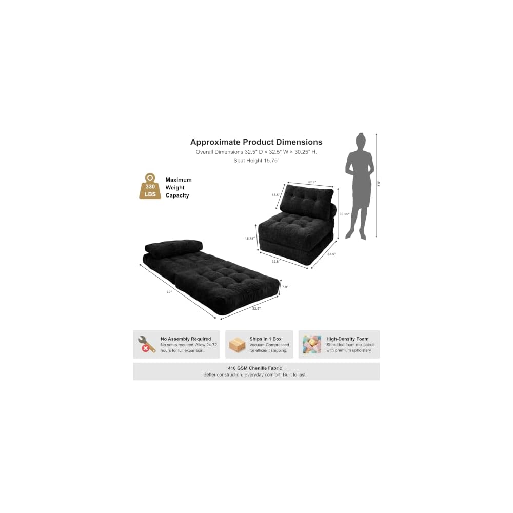 · REDEARTH · Boneless Folding Sofa Bed Floor Couch - No Assembly, Black