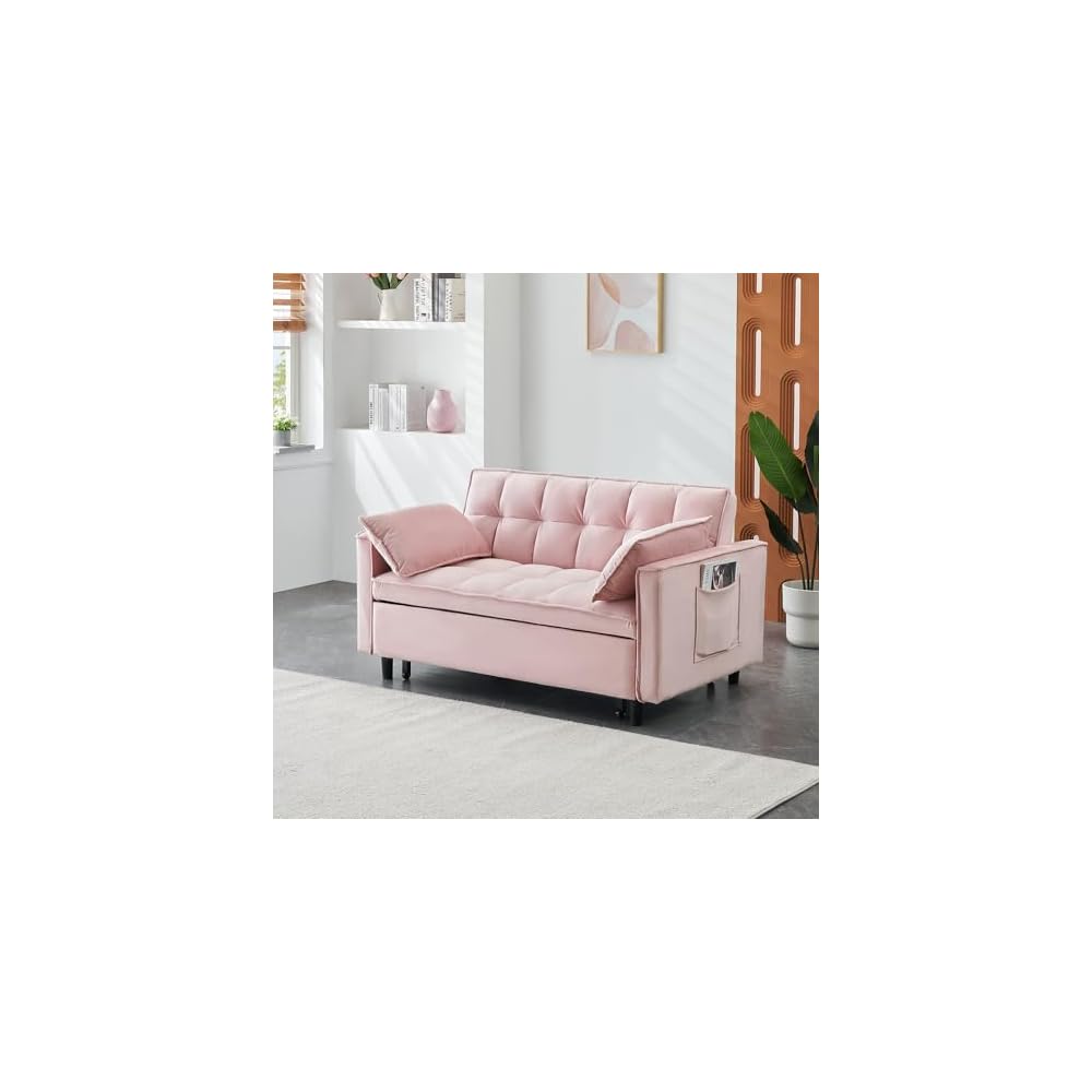 55" Modern Velvet Loveseat Sleeper Sofa, 3-in-1 Convertible Pull-Out Bed with Adjustable Backrest, 2 Pillows & Side Pockets, Small Pull Out Couch for Living Room, Apartment(Pink)