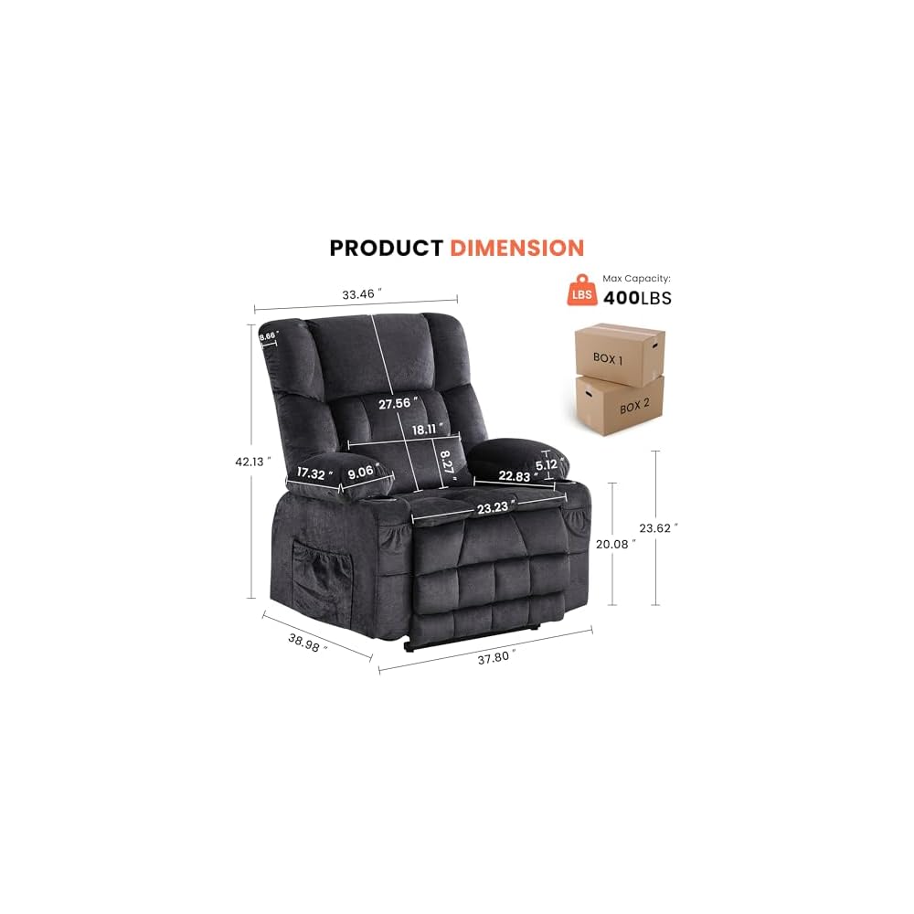 Dual Motor Power Lift Recliner Chair for Elderly, Lay Flat Big Lift Chair with Waist Kneading Massage & Heat, Extended Footrest, Cup Holders, USB Ports, Soft Fabric Recliner for Tall Seniors (Gray)