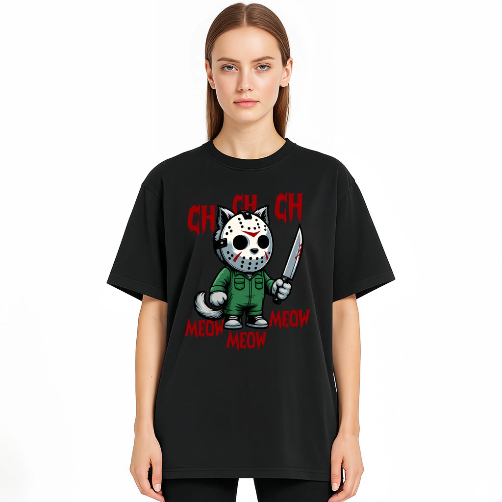 MEOW Scary Cat Print Short Sleeve Unisex Oversized Gothic Y2K Halloween Gift Soft Cotton Loose Fit Casual Top