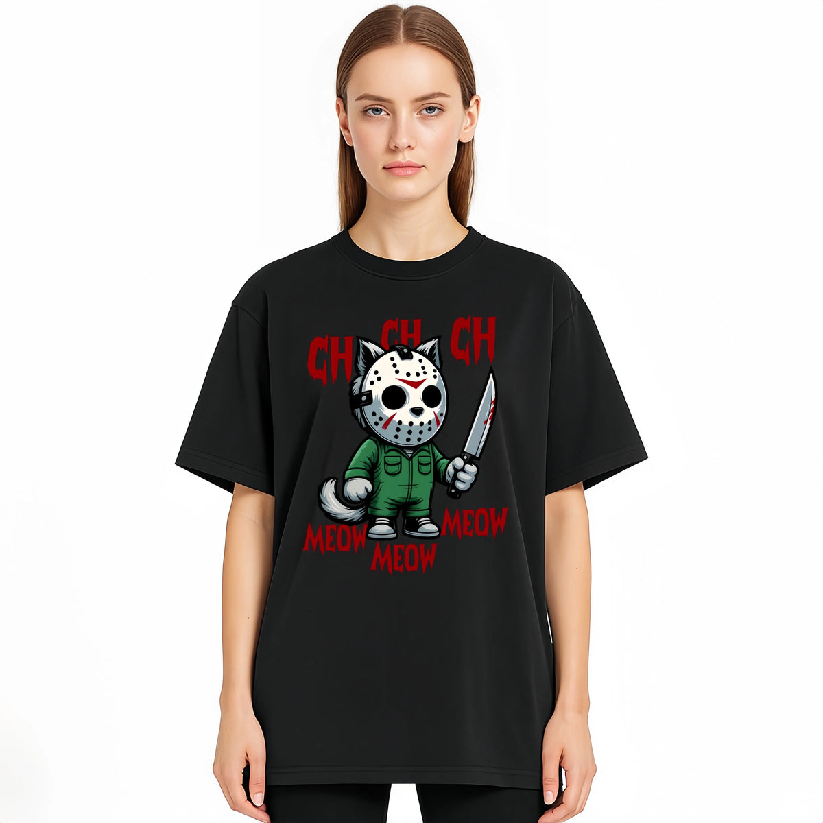 MEOW Scary Cat Print Short Sleeve Unisex Oversized Gothic Y2K Halloween Gift Soft Cotton Loose Fit Casual Top
