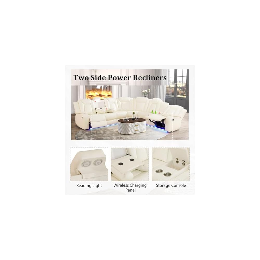 Power Recliner Sectional Sofa with LED Light, Breathing Leather Recliner Sofa Couch with Storage/Cup Holder for Living Room Home Office Theater (Cream White)