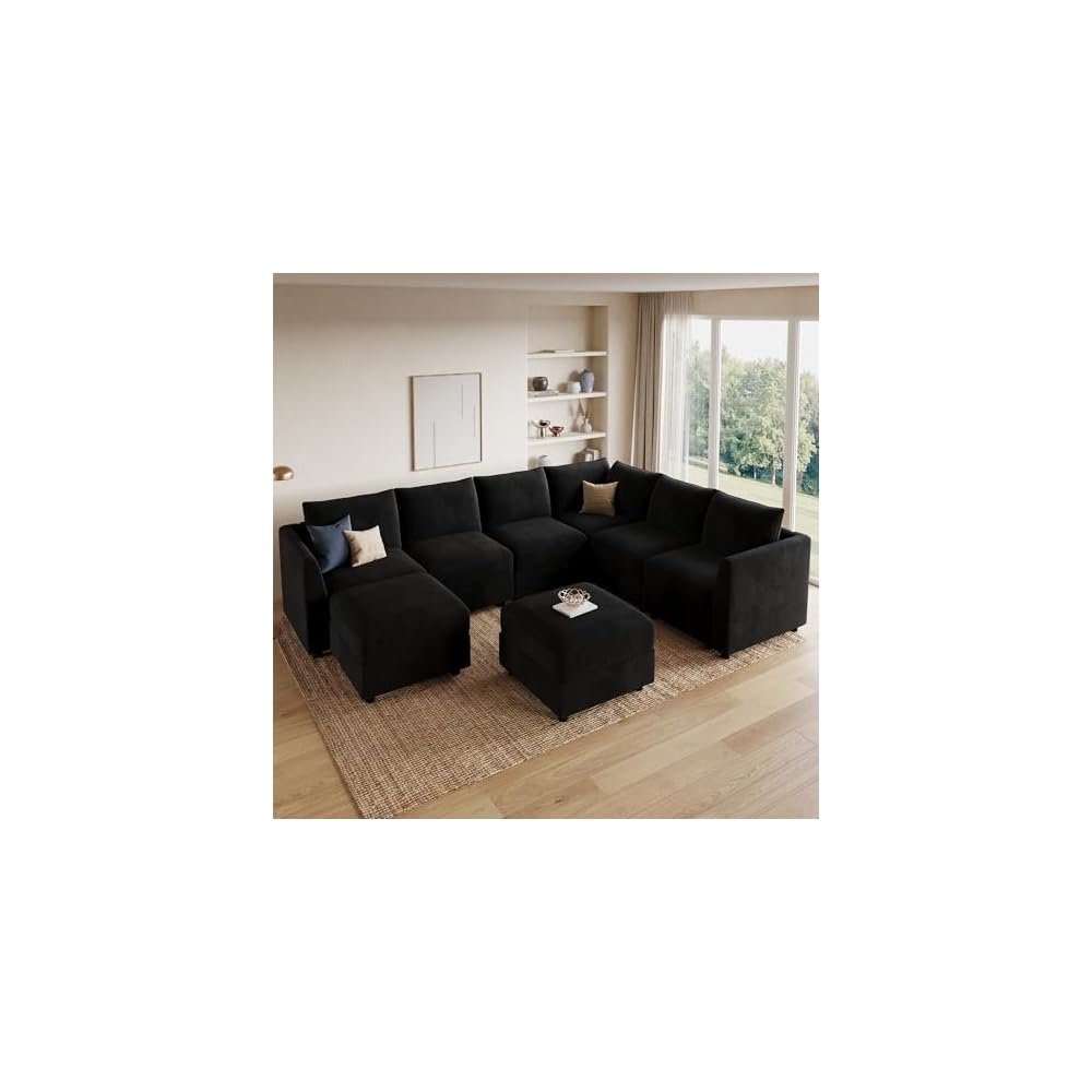 HONBAY Velvet Oversized Modular Sectional Sofa with Storage,Black