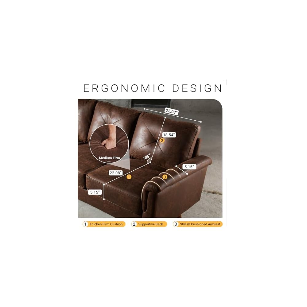 HOOOWOOO 72" Faux Leather Couch Small Sofa Living Room Couch 3 Seater Sofa Modern with Button Tufted Back Cushioned Square Arm for Small Bedroom Apartment,Dark Brown