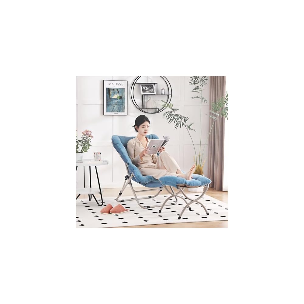 Saucer Chair with Ottoman, Folding Faux Fur Moon Chair, Blue