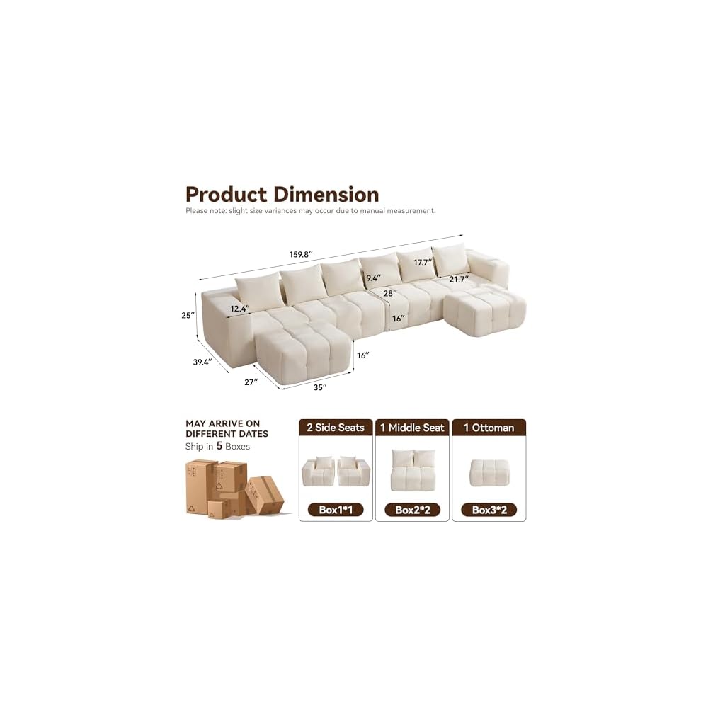 160" Boneless U-Shaped Sofa Couch with 2 Ottoman, 6 Seater Comfy Cloud Sectional Sofas with Deep Seat, Oversized Chenille Sectional Memory Foam Couches for Living Room Bedroom, Tufted Sofa Beige White