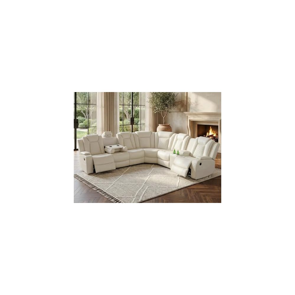 Power Recliner Sectional Sofa with LED Light, Breathing Leather Recliner Sofa Couch with Storage/Cup Holder for Living Room Home Office Theater (Cream White)