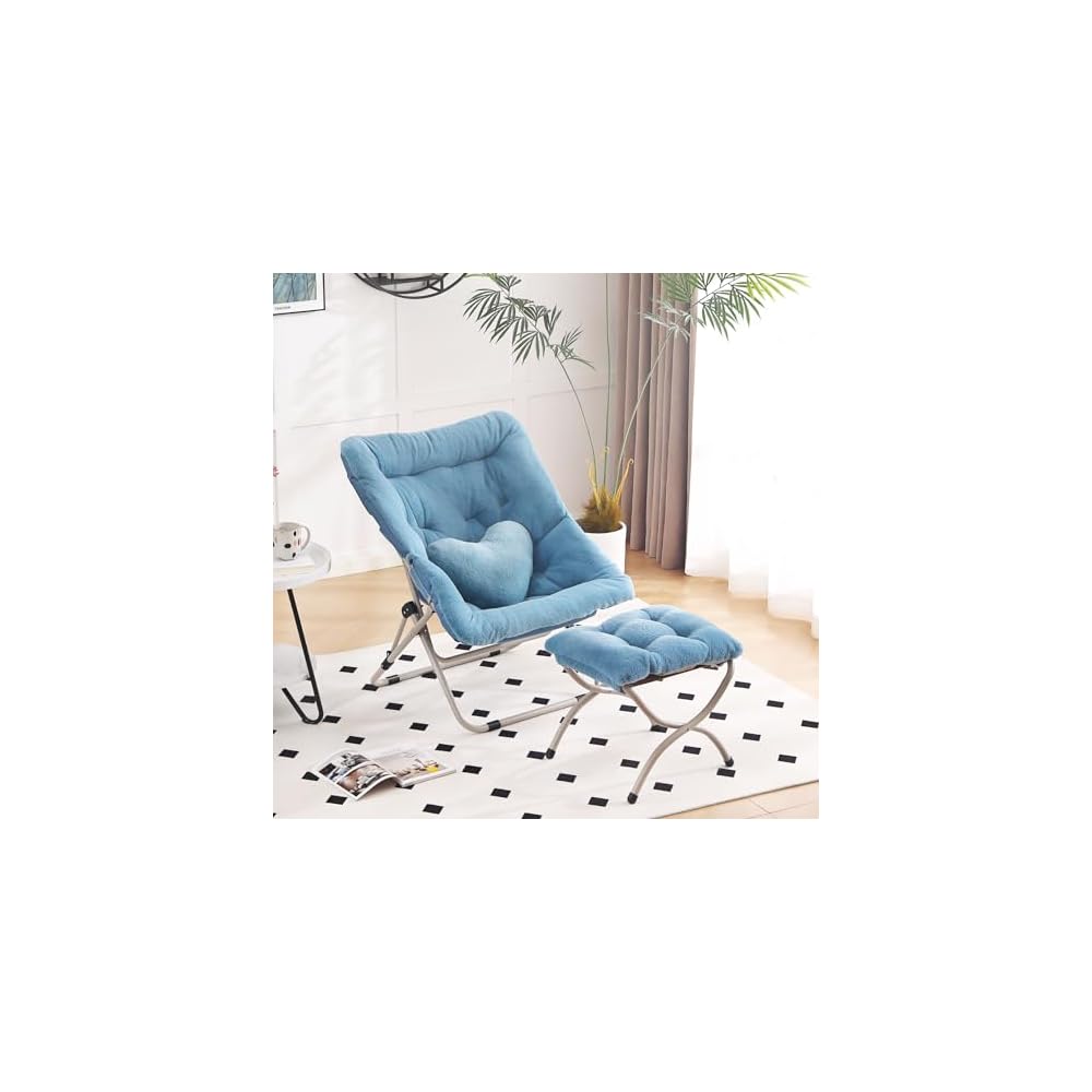 Saucer Chair with Ottoman, Folding Faux Fur Moon Chair, Blue