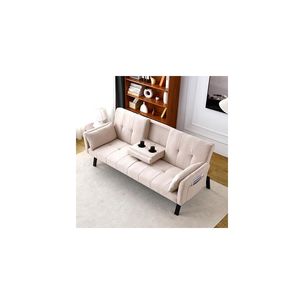 KEIKI 70" Loveseat Sofa Bed with Cup Holders & Side Pockets, Tufted Backrest, 3 in 1 Cotton & Linen Convertible Sleeper for Small Spaces, Beige