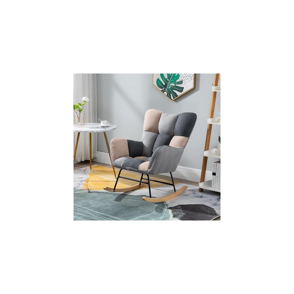 Nordic Rocking Chair Single Sofa Fireside Rocking Chair Patchwork Fabric Lounge Wing Back Chair with Solid Wood Legs Cotton and Linen Leisure Chairs for Living Rooms bedr