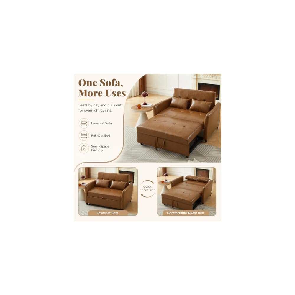 PU Leather Sofa Bed - 51.57" Brown Convertible Loveseat Sleeper Sofa with Pull-Out Couch Bed, 3 USB Charging Ports, Compact Faux Leather Couch for Living Room, Bedroom, Apartment
