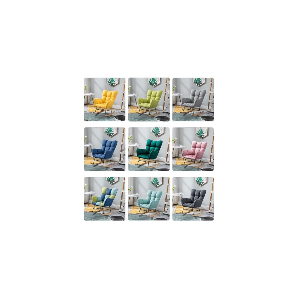 Nordic Rocking Chair Single Sofa Fireside Rocking Chair Patchwork Fabric Lounge Wing Back Chair with Solid Wood Legs Cotton and Linen Leisure Chairs for Living Rooms bedr
