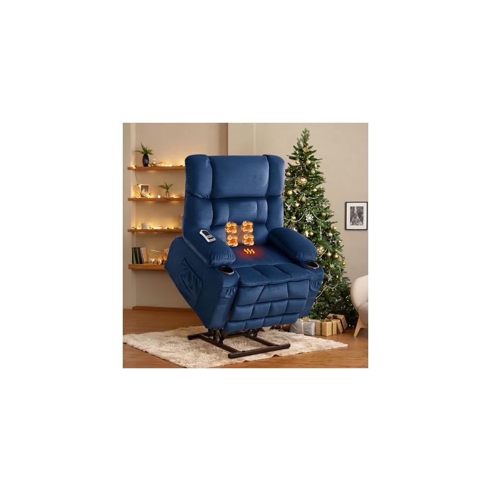 Dual Motor Power Lift Recliner Chair for Elderly, Lay Flat Big Lift Chair with Waist Kneading Massage & Heat, Extended Footrest, Cup Holders, USB Ports, Soft Fabric Recliner for Tall Seniors (Gray)