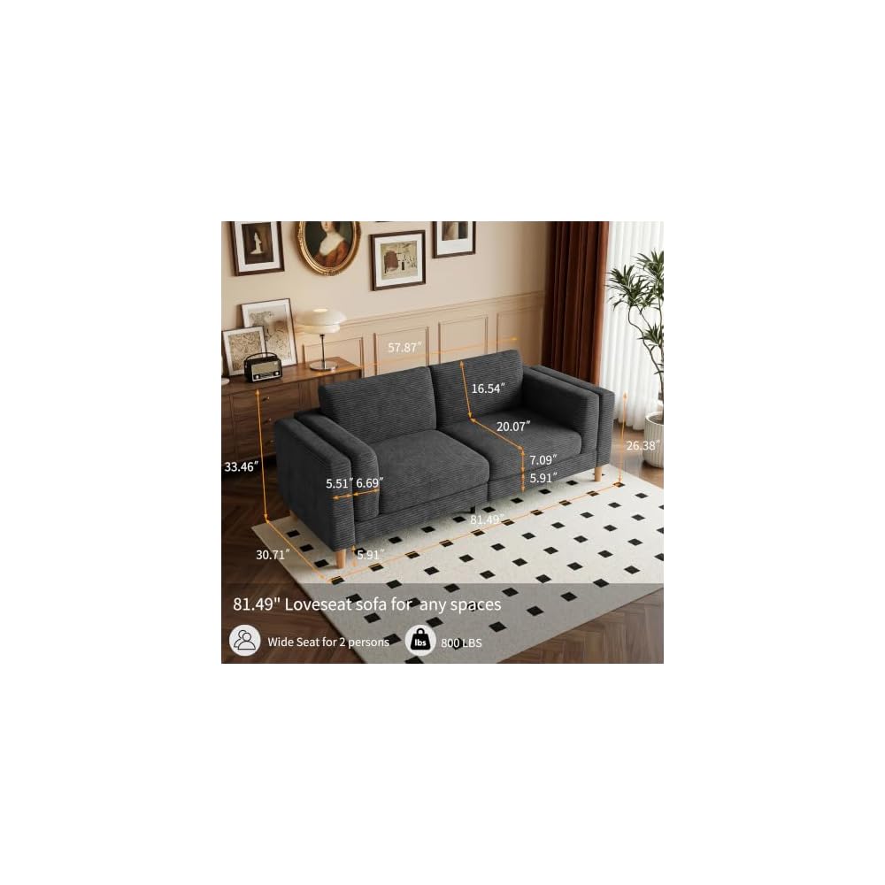 HIPIHOM 81" Corduroy Couch, Gray Loveseat Sofa for Living Room